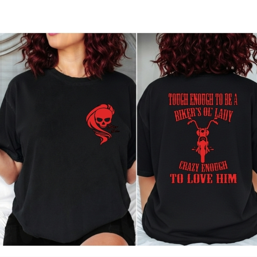 Biker shirt cute popular ol lady humor motorcycle rider riding skull Red